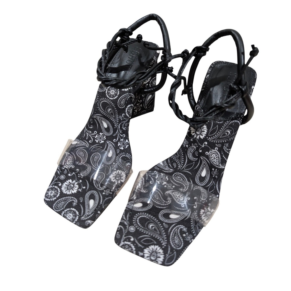 Schutz Black White Paisley Fabric Clear Strap Ankle Tie Block Heel Sandals 7.5B - Picture 2 of 11